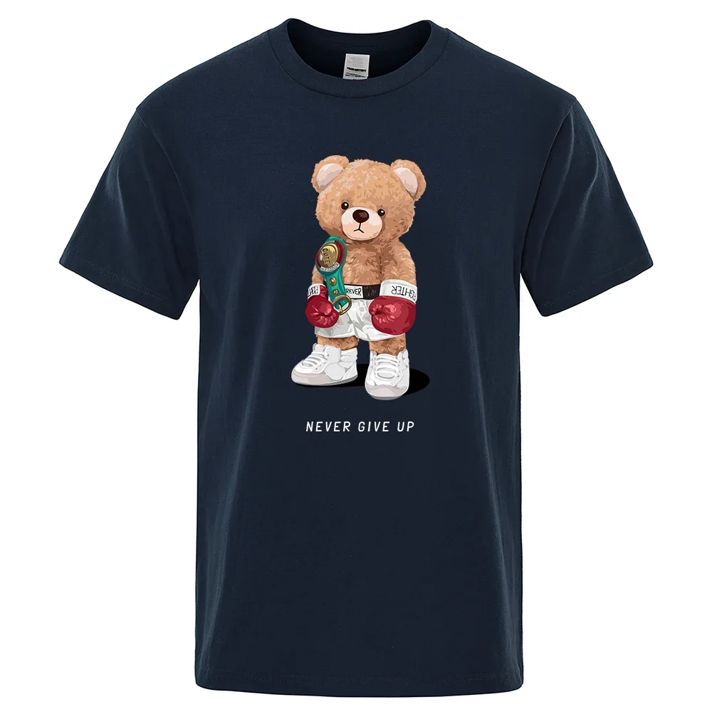 Strong Boxer Teddy Bear Never Give Up Print Funny T-Shirt Men Cotton Casual Short Sleeves Loose Oversize S-XXXL Tee Clothing