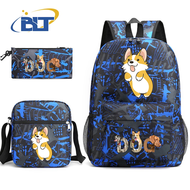 Cute Dog Cartoon Print Backpack Set para crianças, bolsa de escola estudantil, bolsa de ombro, lápis, presente de volta à escola, 3 pcs