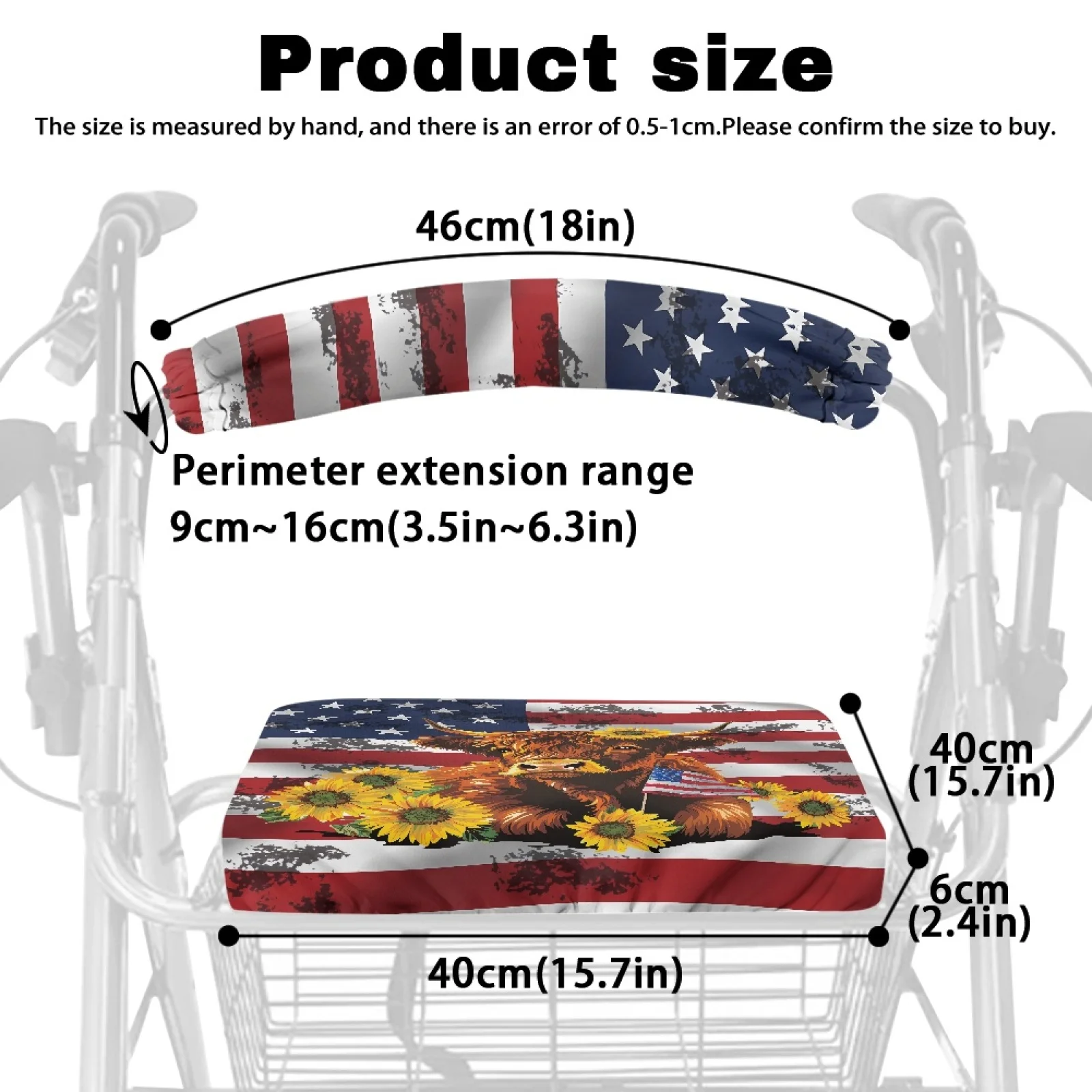 Coloranimal American Flag Highland Cow 2 Pieces Seat & Backrest Cover Set Rollator Seat Covers for Elderly Adults Street Scenes - view 6