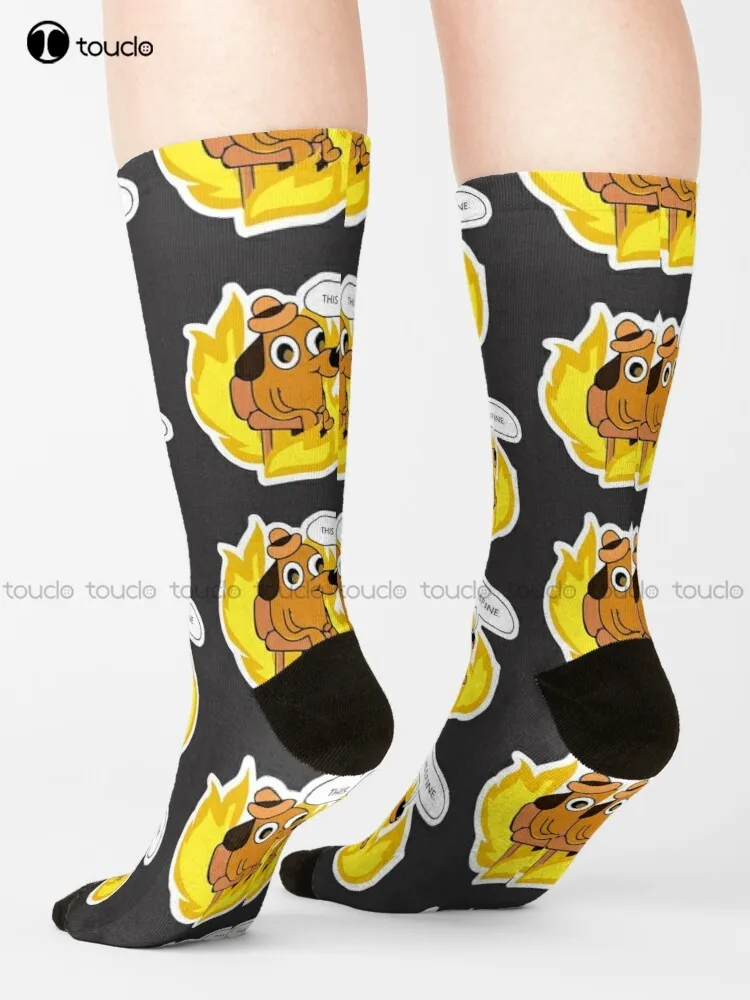 This Is Fine Doggo Meme Socks Football Socks Men Cartoon Comfortable Best Girls Sports 360° Digital Print Custom Gift Streetwear