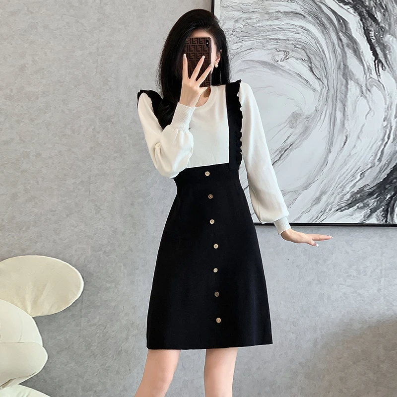 

Autumn Winter New Fake Two Pieces Braces Dresses Women Clothing Fashion Vintage Commute O-neck Knitted Dress