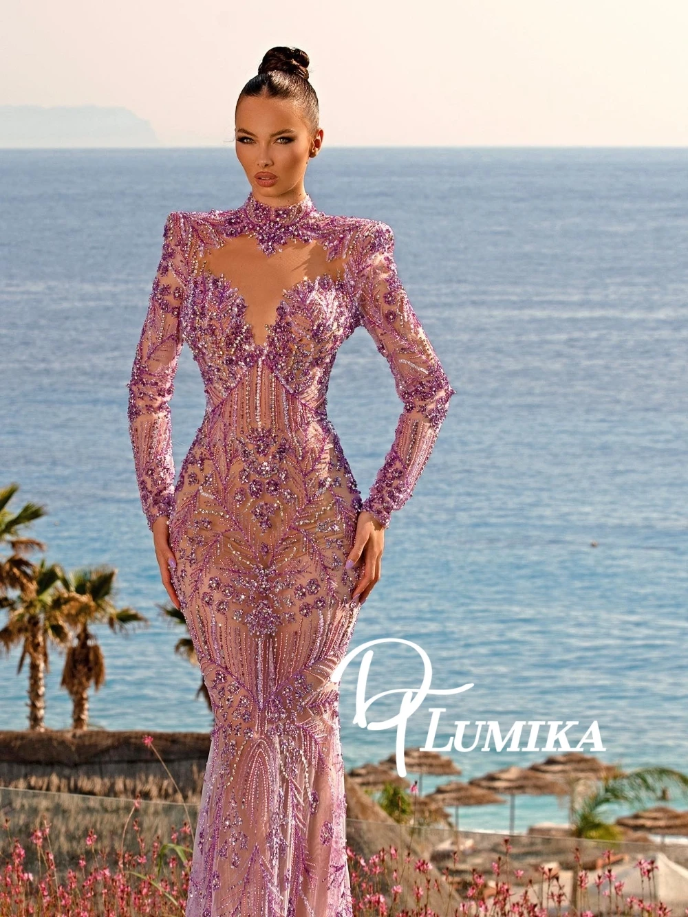 

Distinctive Purple Beads Illusion Mermaid Prom Dress Sexy Delicate Pearls Party High Neckline Customized Evening Gown For Women