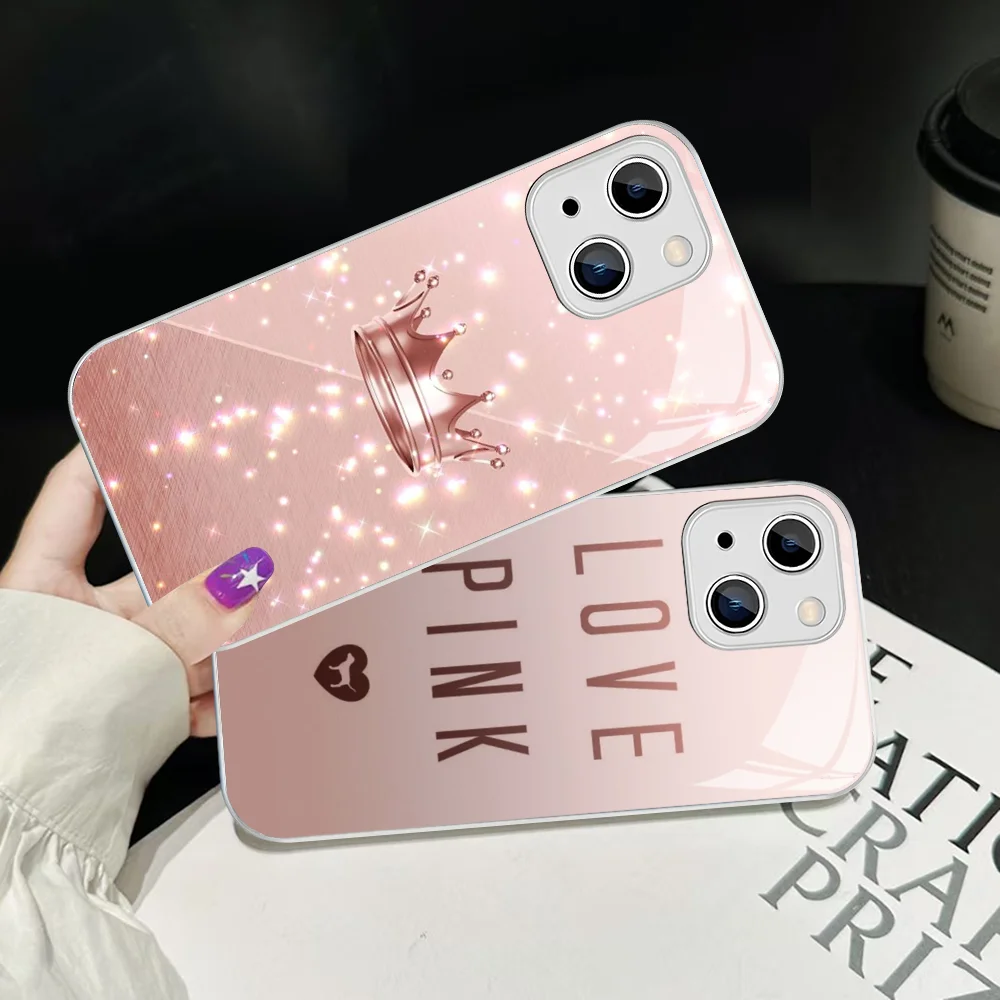 

Rose Gold Pink Princess Queen Phone Case For IPhone 14 13 12 Mini 11 Pro XS Max X XR 14 Plus Tempered Glass Cover