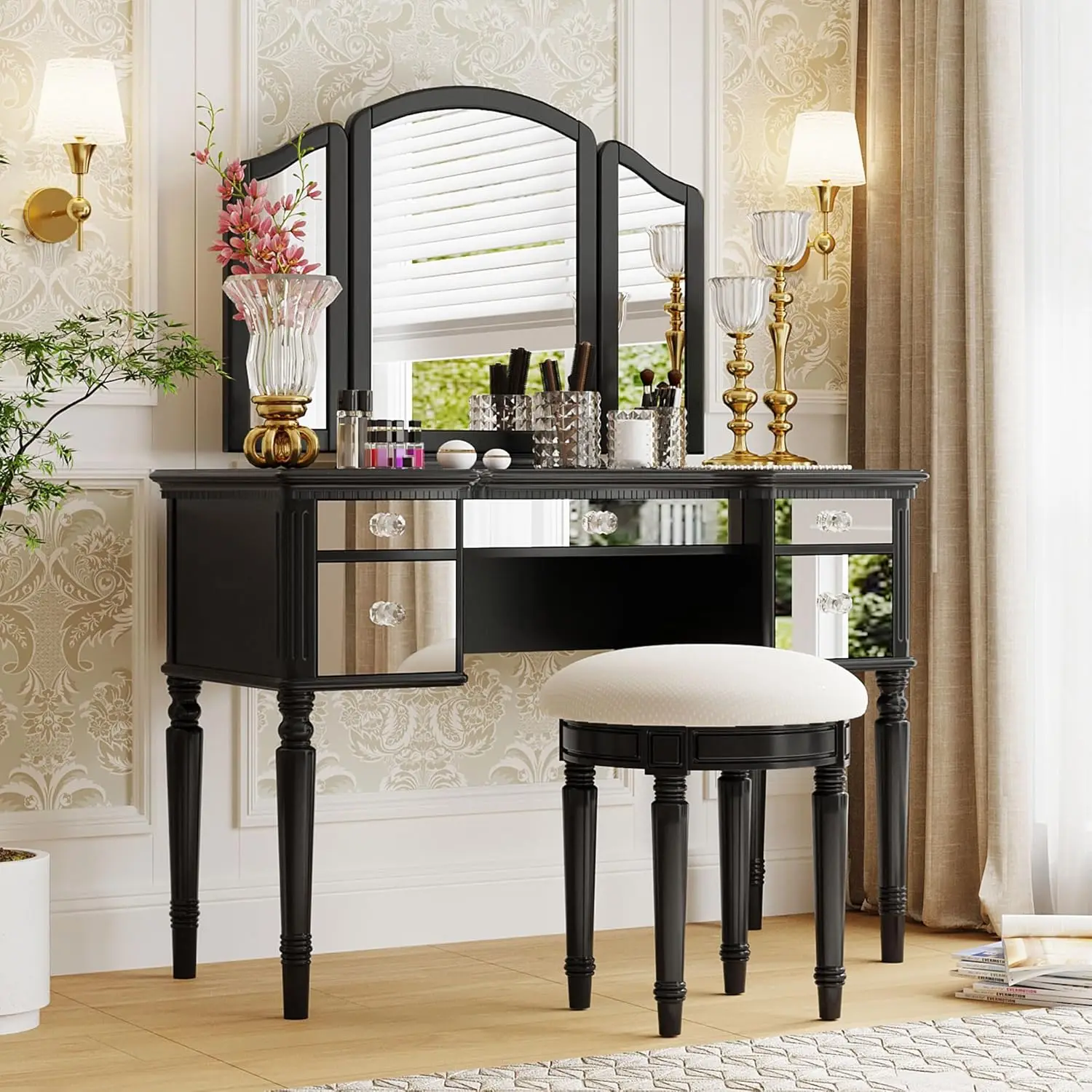 

Dressing Table Set with Mirrored Drawers and Stool, Tri-fold Mirror, Makeup Vanity Set for Bedroom (Black~049)