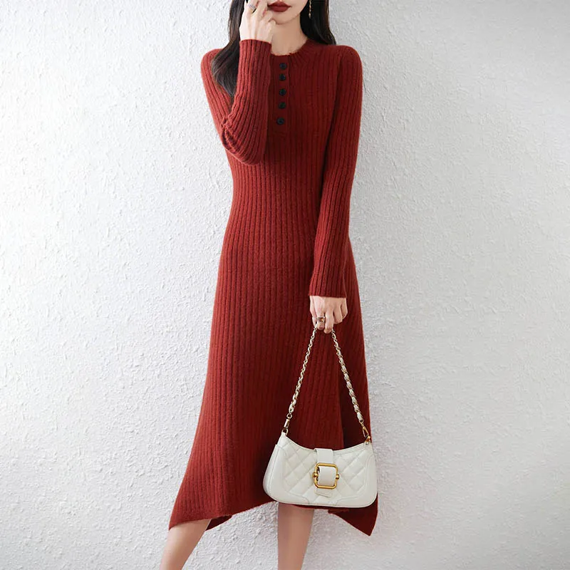 100% Wool Women's Long Dress, Crew Neck Ribbed Button Solid Color Knitted Dress, Autumn Winter Slim Fit Woolen Maxi Dress