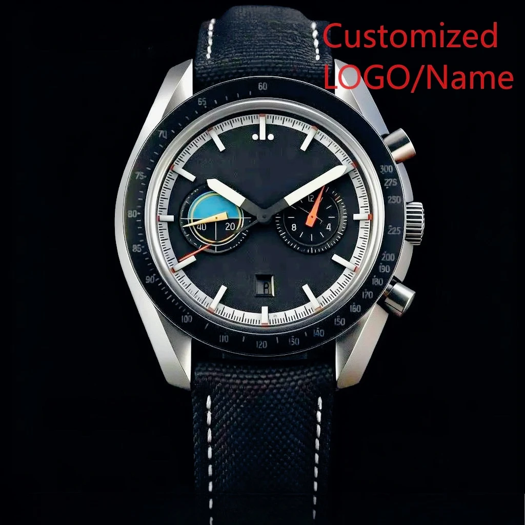 43mm Men Quartz Chronograph Watches Black Blue Ceramic Steel-o
