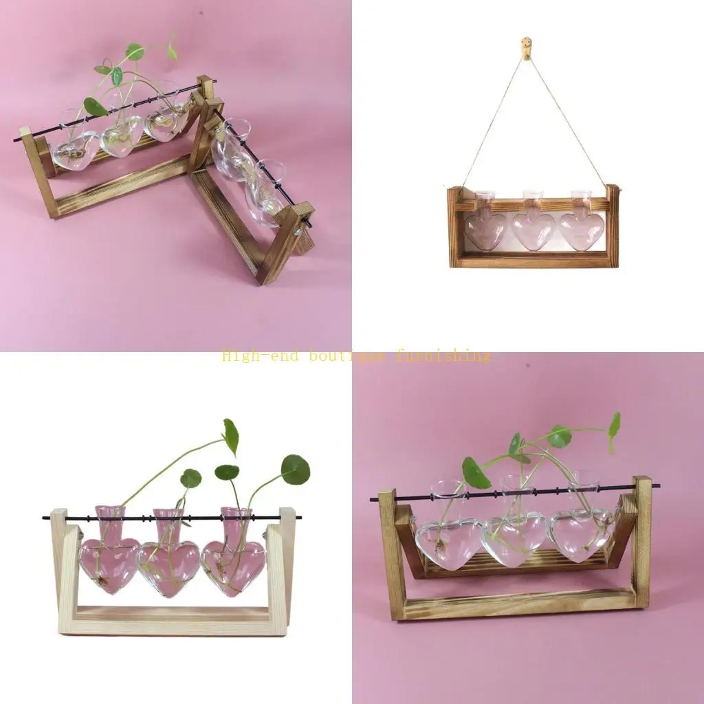 L9NB Heart Glass Vases Propagation Station For Indoor Hydroponics Planter Plant Terrarium With Wooden Stand Home Decors