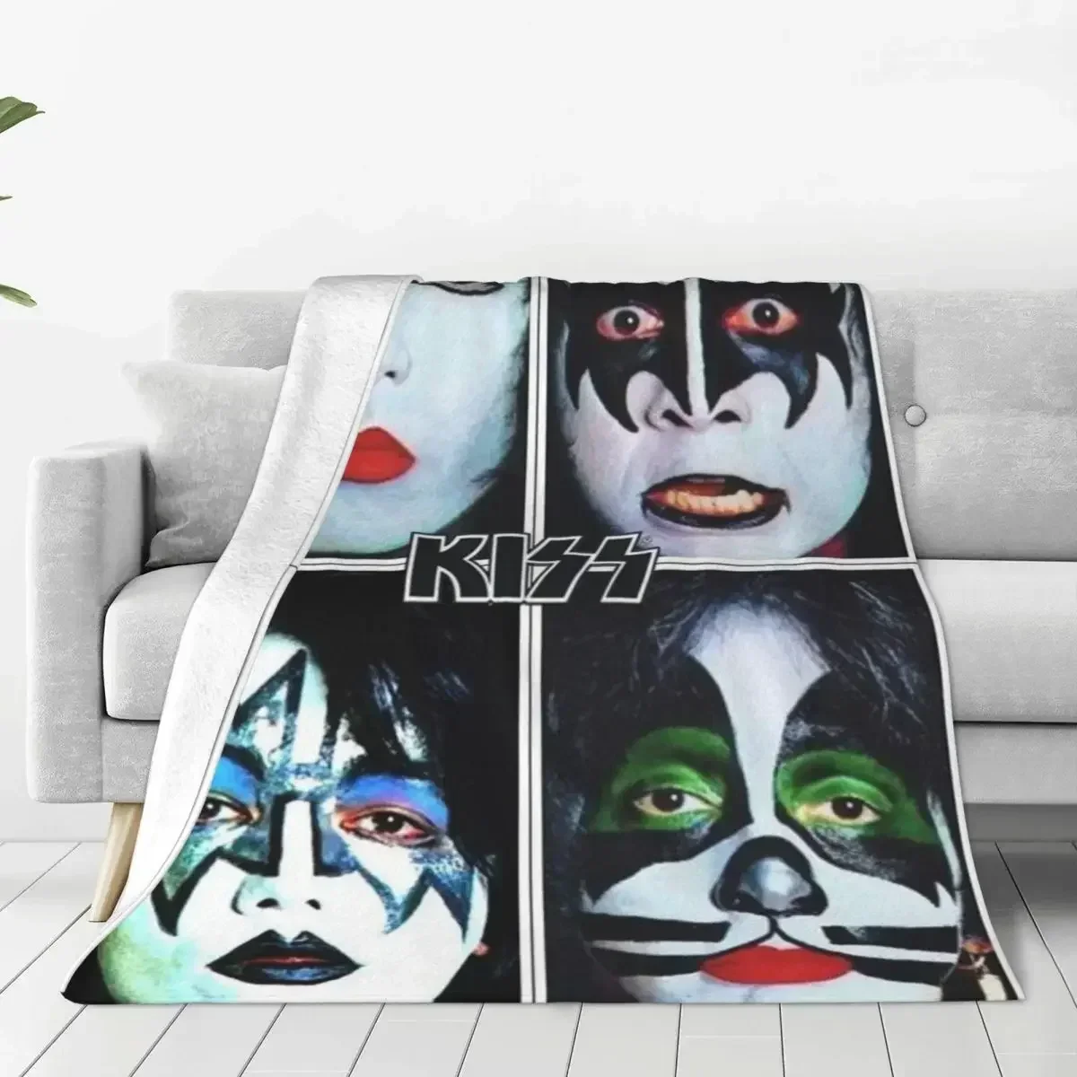 

Soft Durable Blankets Airplane Travel Kiss Rock Music Band Throw Blanket Spooky Face Flannel Bedspread Chair Sofa Bed Cover