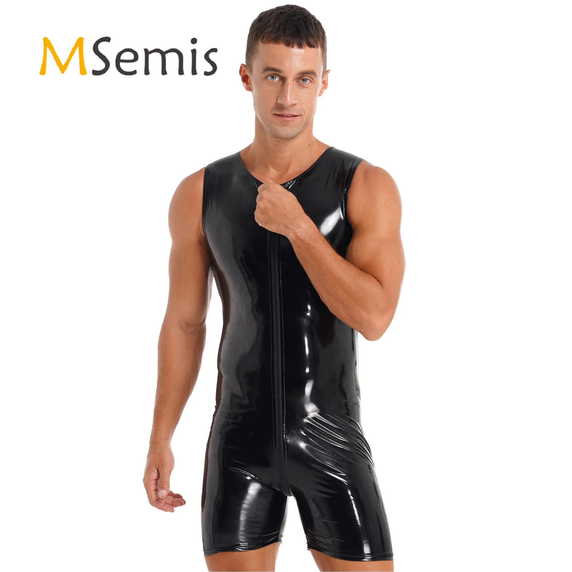 

Mens Lingerie Zipper Patent Leather Bodysuit Glossy Round Neck Sleeveless Jumpsuits Clubwear Stage Performance Rave Costume