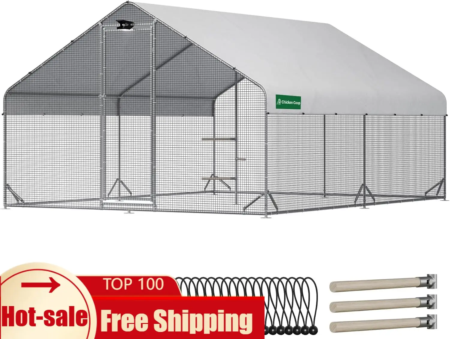 

Large Chicken Coop with Chicken Run Hardware Cloth Solar Light Waterproof UV Resistant Cover Outdoor Poultry Cage for Farm Use