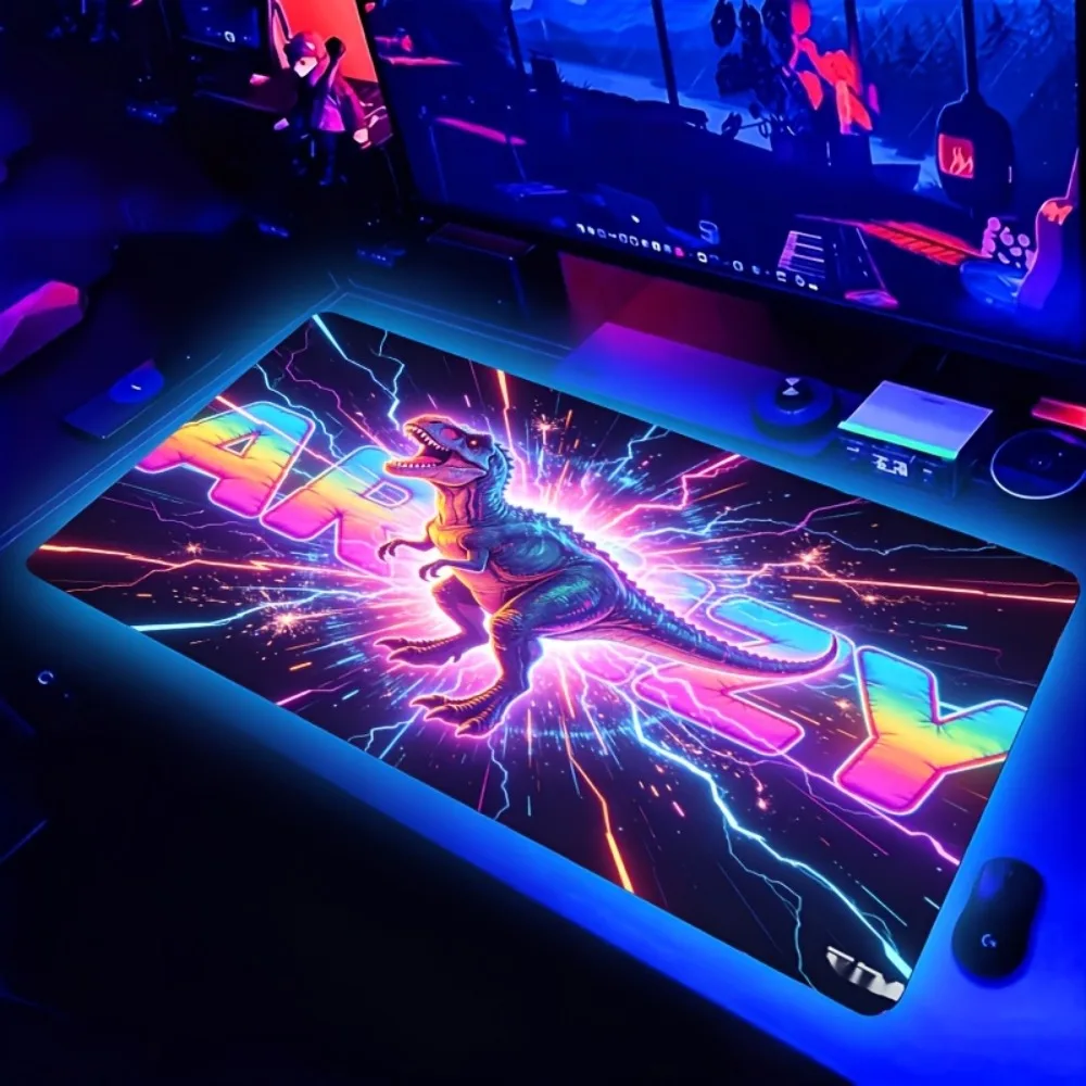 Neon dinosaur printed floor mat with colorful gradient design in a modern abstract style alfombrillas para escritorio