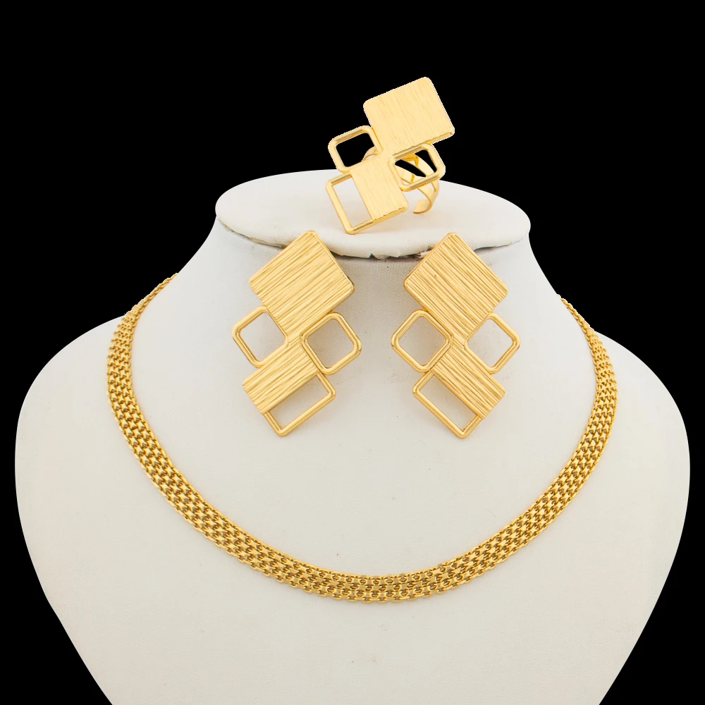 

Gold Color Earrings and Necklace Jewelry Set for Women African Clip Earrings Choker Necklace with Finger Ring Set for Ethiopian