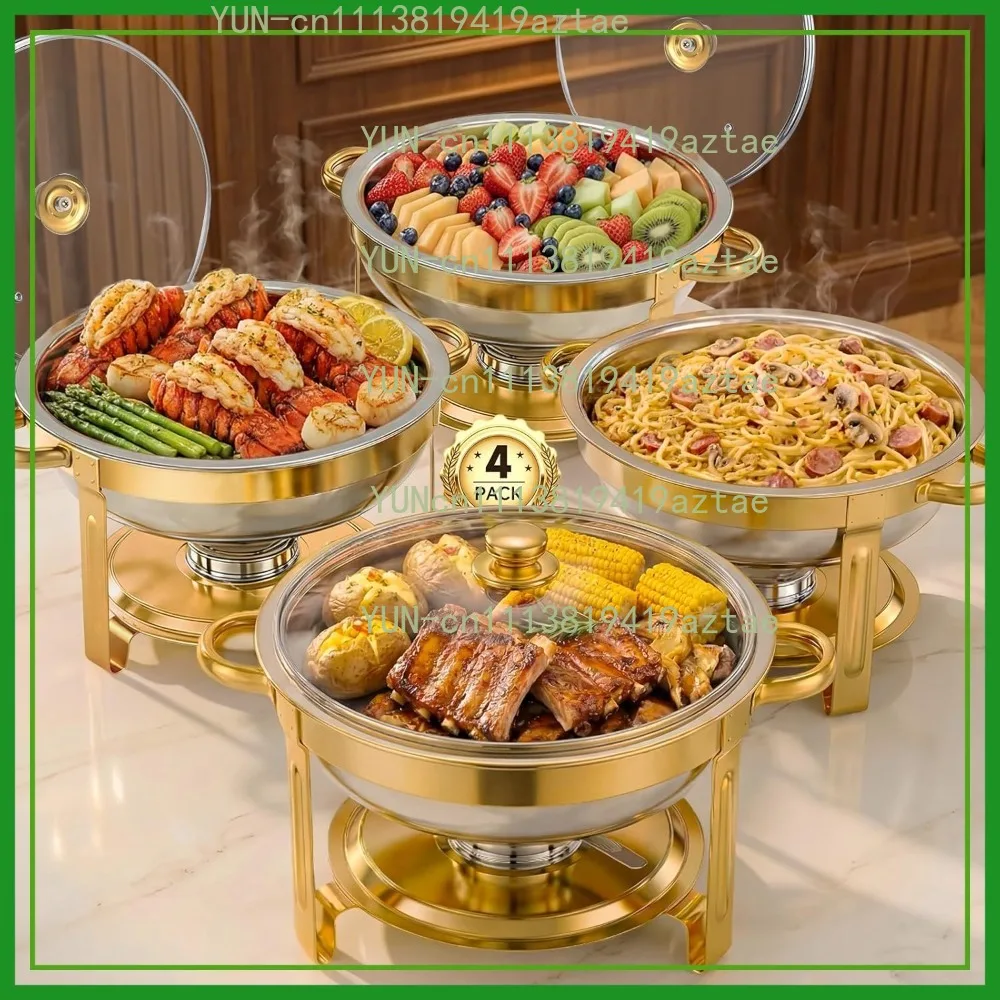4 Pack 5QT Round Chafing Dishes Buffet, Gold Silver Stainless Steel with Glass Lid, Food Warmers for Party