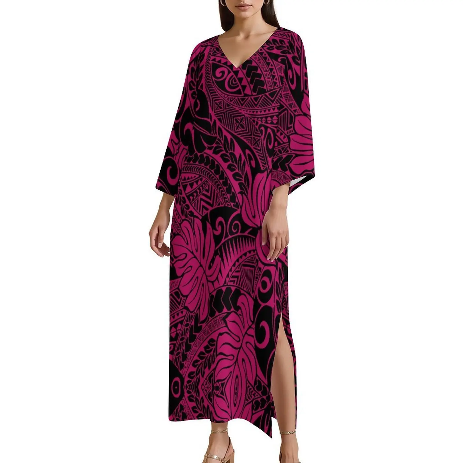 ポリネシアン風カスタマイズ可能なカフタンワンピース、ガーデンブランチ、ソフトな花柄プリント、涼しげで夏らしいシックなデザイン、一年中使える