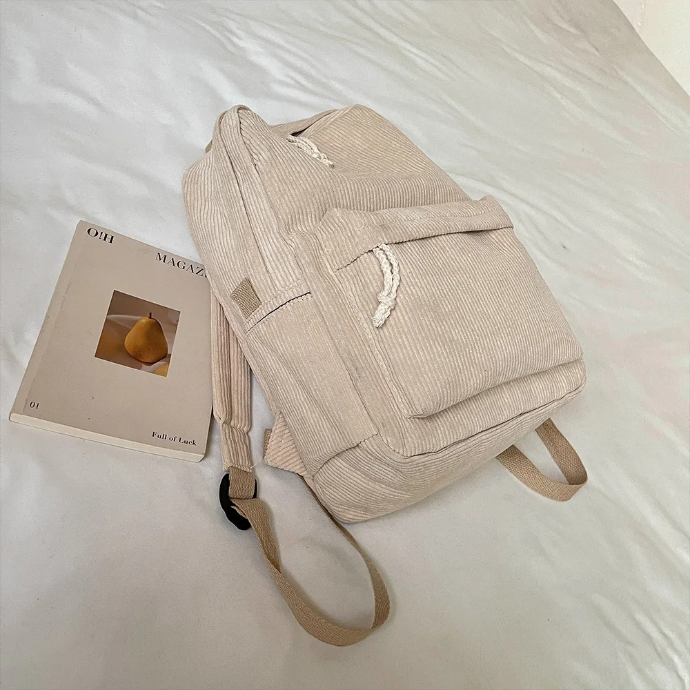 Casual Backpack corduroy rucksack solid color multi pockets lightweight soft trendy for daily walking weekend outing shopping