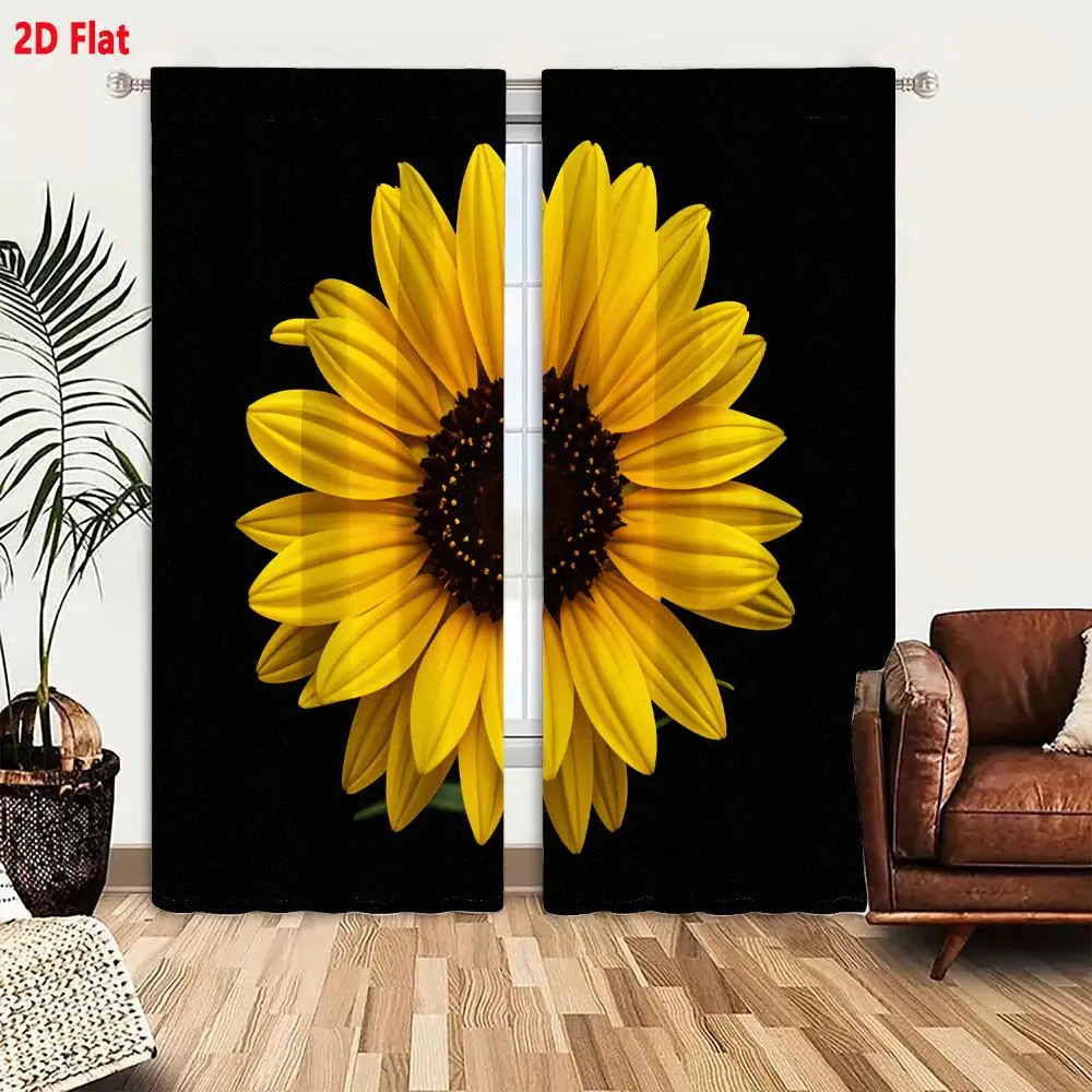 2Pcs Curtains 2D Flat Vibrant Sunflower In Full Bloom With Bright Yellow Petals And Dark Brown Center On Black Background Window