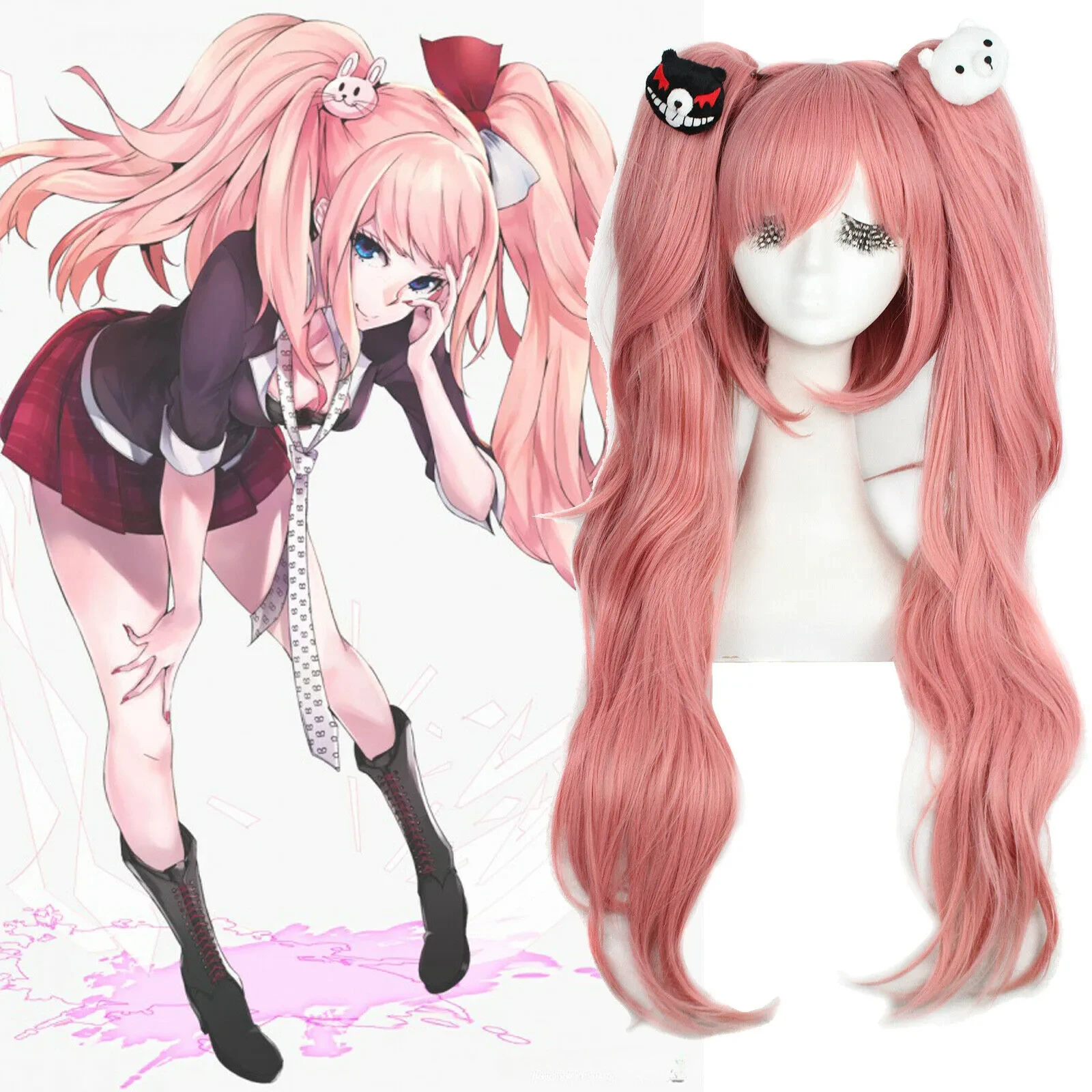 Danganronpa Junko Enoshima Cosplay Wigs Long Pink Curly Woman Hair Wig + 2 Ponytail