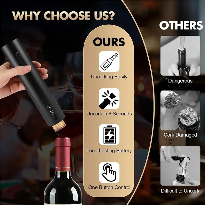 فتاحة نبيذ كهربائية A05G، متضمنة قاطعة رقائق معدنية - فتاحة زجاجات نبيذ تعمل ببطارية قابلة لإعادة الشحن للمنزل، حفلة المطبخ، Weddi #3