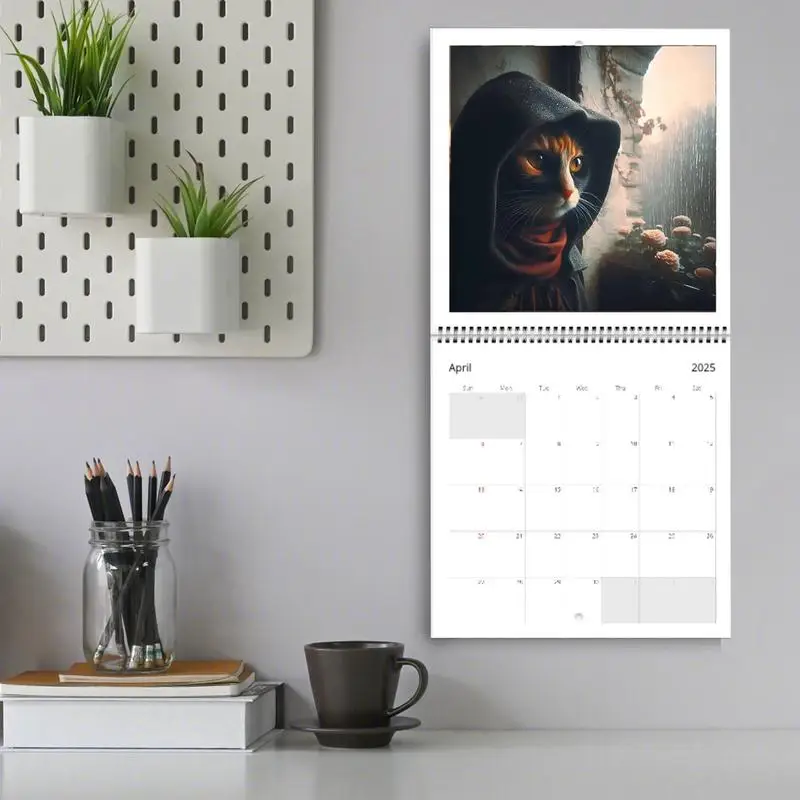 Kalendarz ścienny 2025 Zabawna ilustracja Kalendarz ścienny z kotem Śliczne akcesoria biurowe Materiały biurowe do planowania harmonogramów