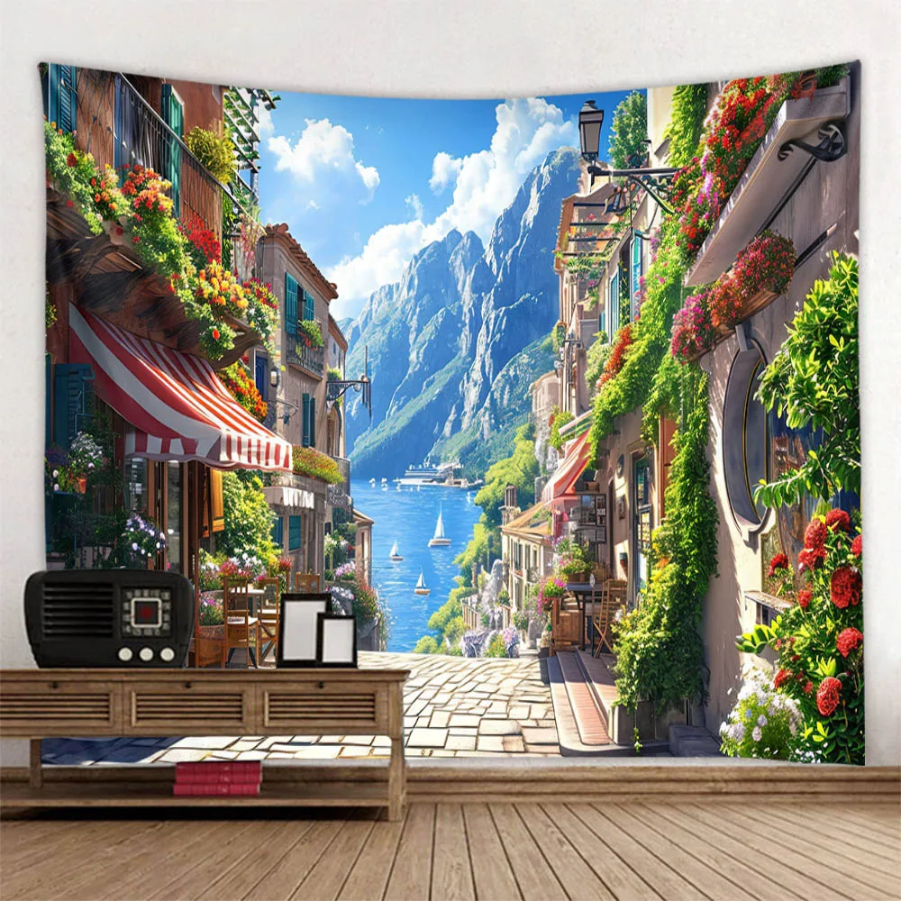 Beautiful seaside scenery tapestry wall hanging dreamy castle tapestry home bedroom hanging cloth, beach picnic mat yoga sheets