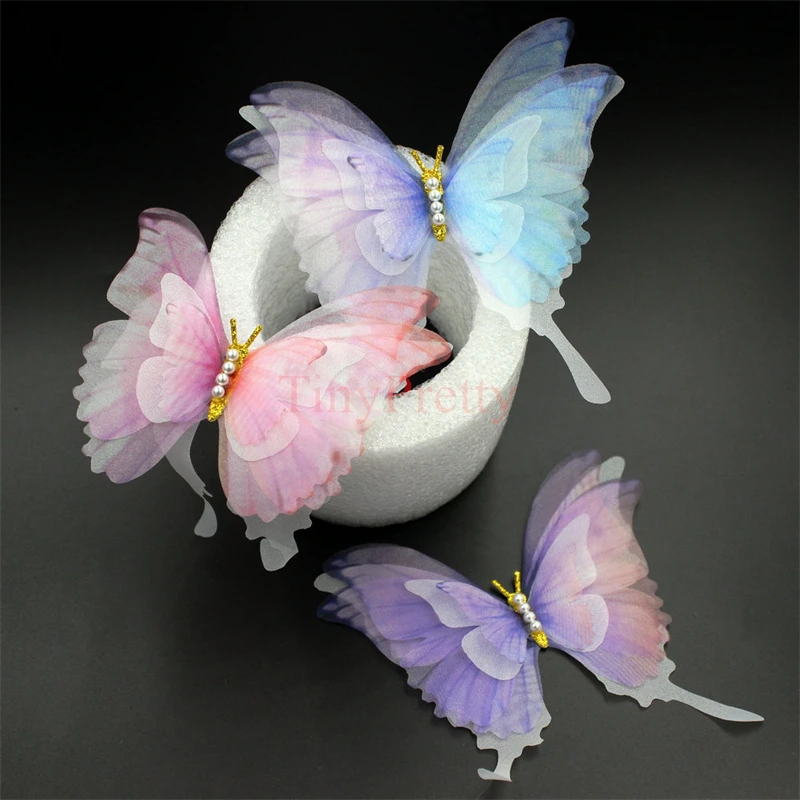 2pcs 5-layer Organza Butterflies Handmade Swallowtail Butterfly Accessory for DIY Hair Jewelry Making, Wedding Decoration