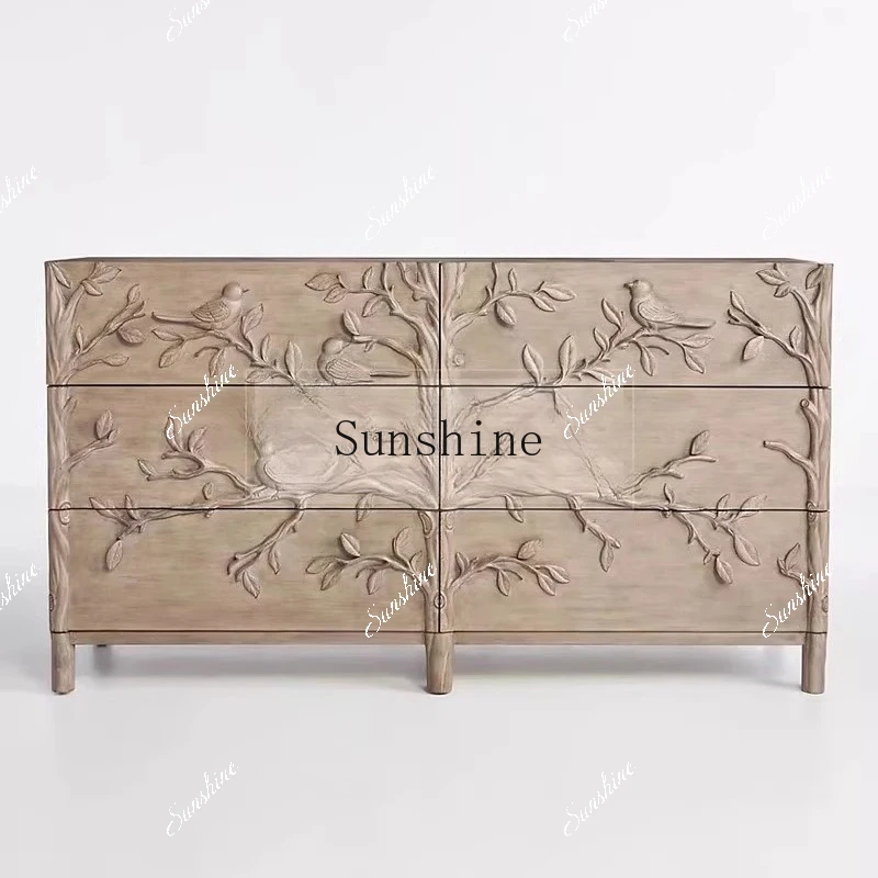 French retro engraved six-chest cabinet, bird engraved decorative cabinet, three drawers FT