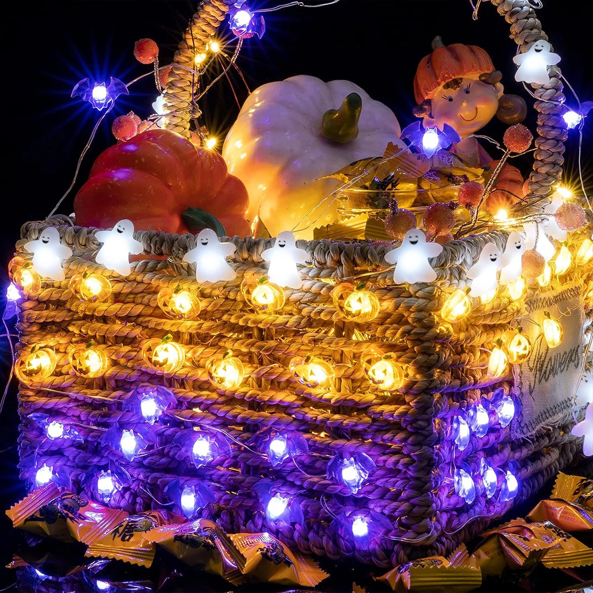 3pcs 2M20 LED Halloween Battery Operated Copper Wire String Lights With Ghost Pumpkin Bat Halloween Spooky Fairy Lamp Perfect