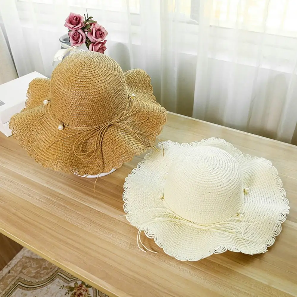 Fashion French Style Pearls Strap Straw Hat Wide Brim Spring Summer Folding Straw Hats Beach Travel Women's Sun Hat Female