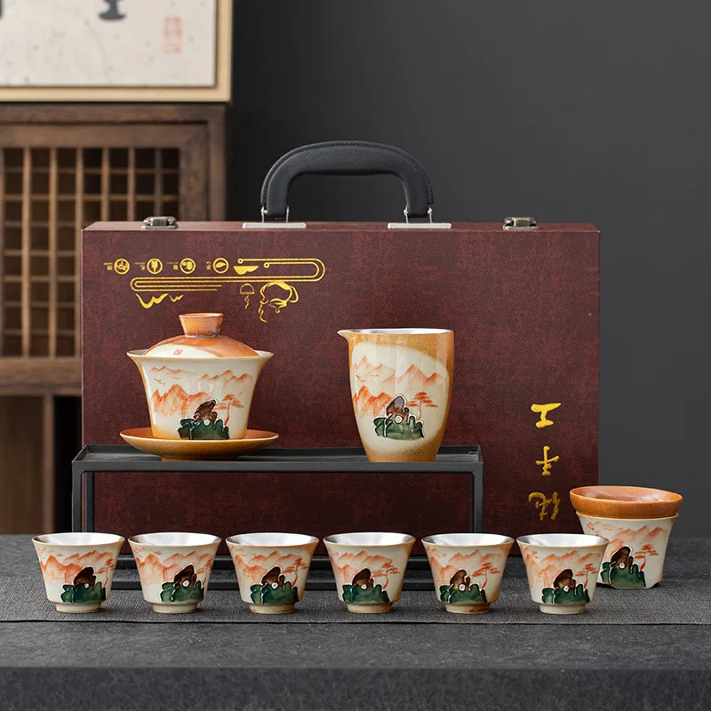 999Gilt Silver Tea Set Anti-Chai Burning Hand-Painted Pure Silver Complete Tea Set Gift Box for Home Use, Gift Giving, and Annua