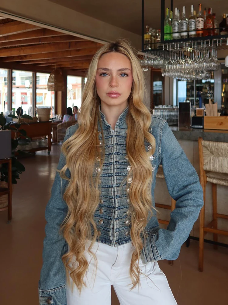 HH Spring Fall Women's Cropped Jean Jacket, Stand Collar Denim Coat with Silver Buttons, Casual Streetwear Business Outerwear