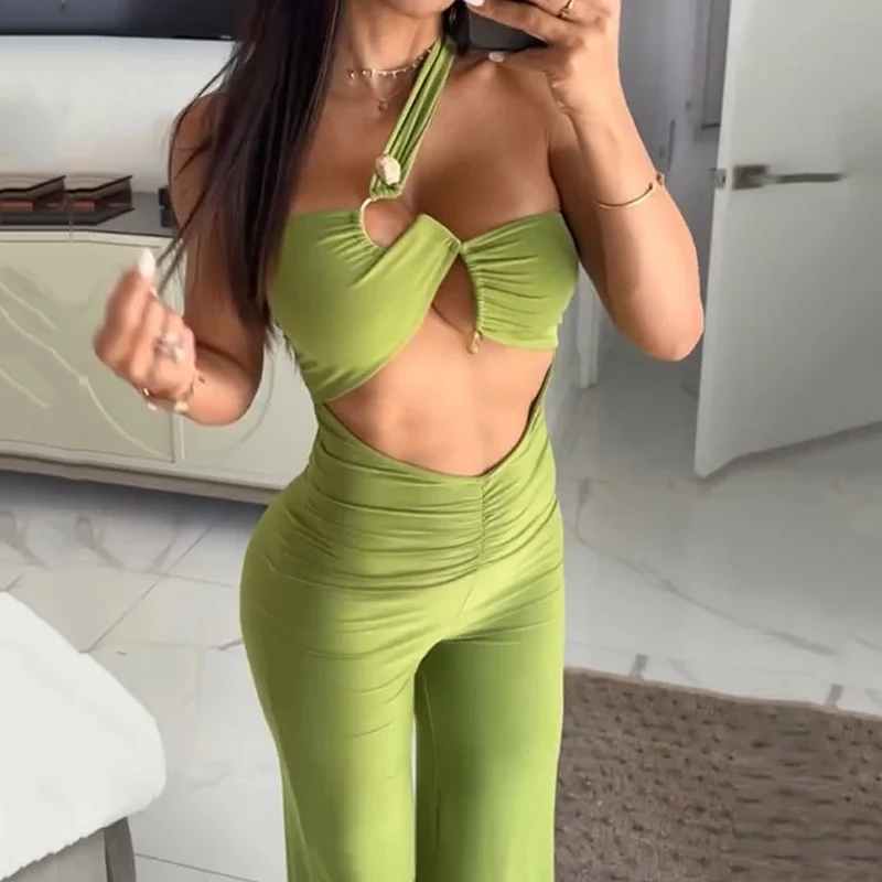 Wefads Women's Summer Clothes Jumpsuit Sexy Fashion Solid Sleeveless Irregular Hollow Out Backless Nipped Waist Slim Rompers