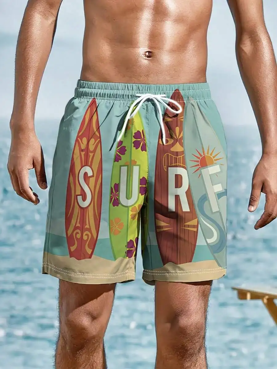 

Mens Surf Board Print Swim Shorts With Elastic Waistband Lightweight Beachwear For Summer
