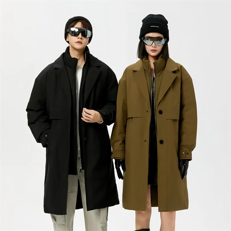 Men Trench Solid Single Breasted Coats Turn Down Collar Spliced Fake Two-piece Jacket Pockets Loose Fit  High Street 2025