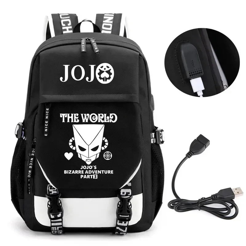 أنيمي جوجو جوناثان جوز القاتل الذهبي تجربة حقيبة الظهر المدرسية BookBags Mochila السفر منفذ USB حقيبة كمبيوتر محمول صبي الفتيات الظهر MN1