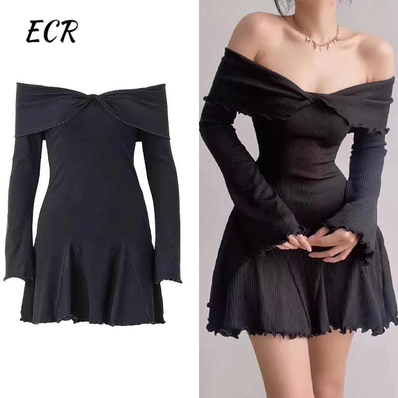 

ECR Solid Sexy Slimming Dresses For Women Slash Neck Off The Shoulder Sleve High Waist Elegant A Line Short Dress Female New