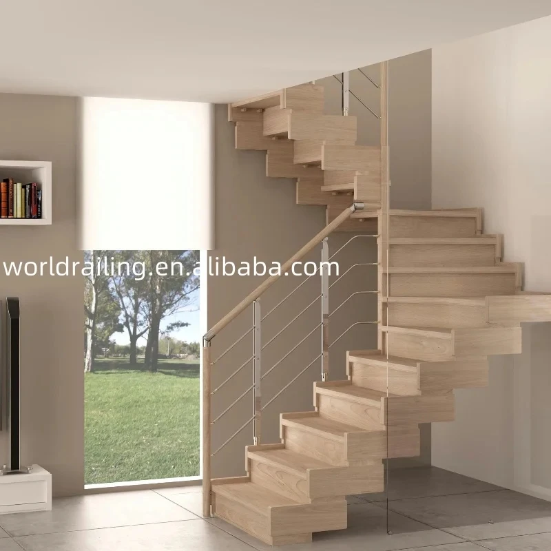 custom.YL METAL Modern Indoor L-Shaped Staircase with Glass Steel Wire Railing Made of Tempered Glass Solid Wood Marble Stainles