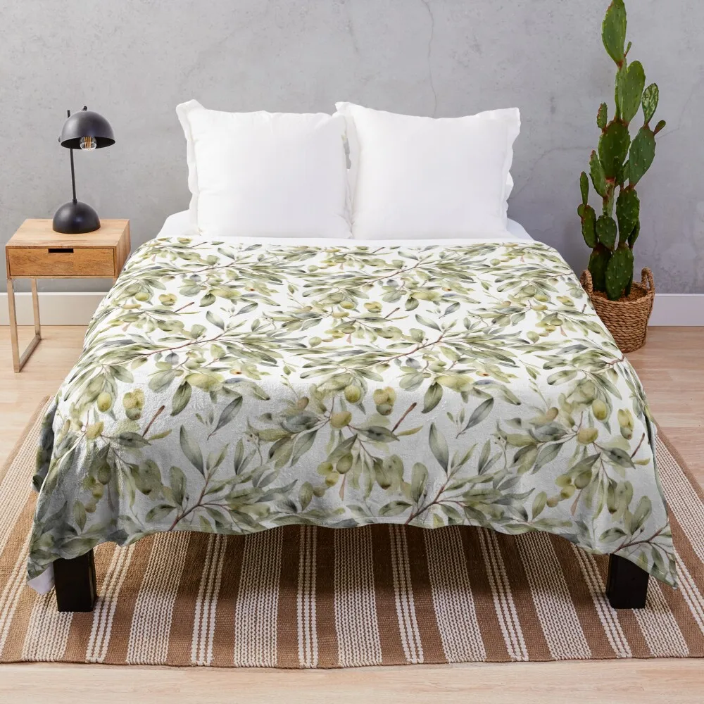 

Watercolor Olive Branch Pattern Throw Blanket Easy Care Comfortable Blanket for Couch