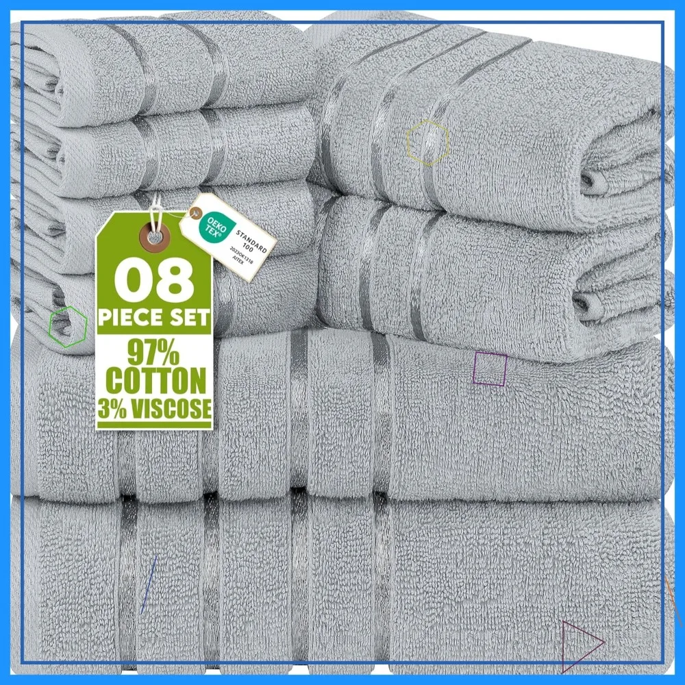 

Набор из 8 роскошных полотенец: 2 банных, 2 для рук, 4 для умывания, 600 GSM, из хлопка с кольцевой прядью, с высокой впитываемостью, вискозные полосы