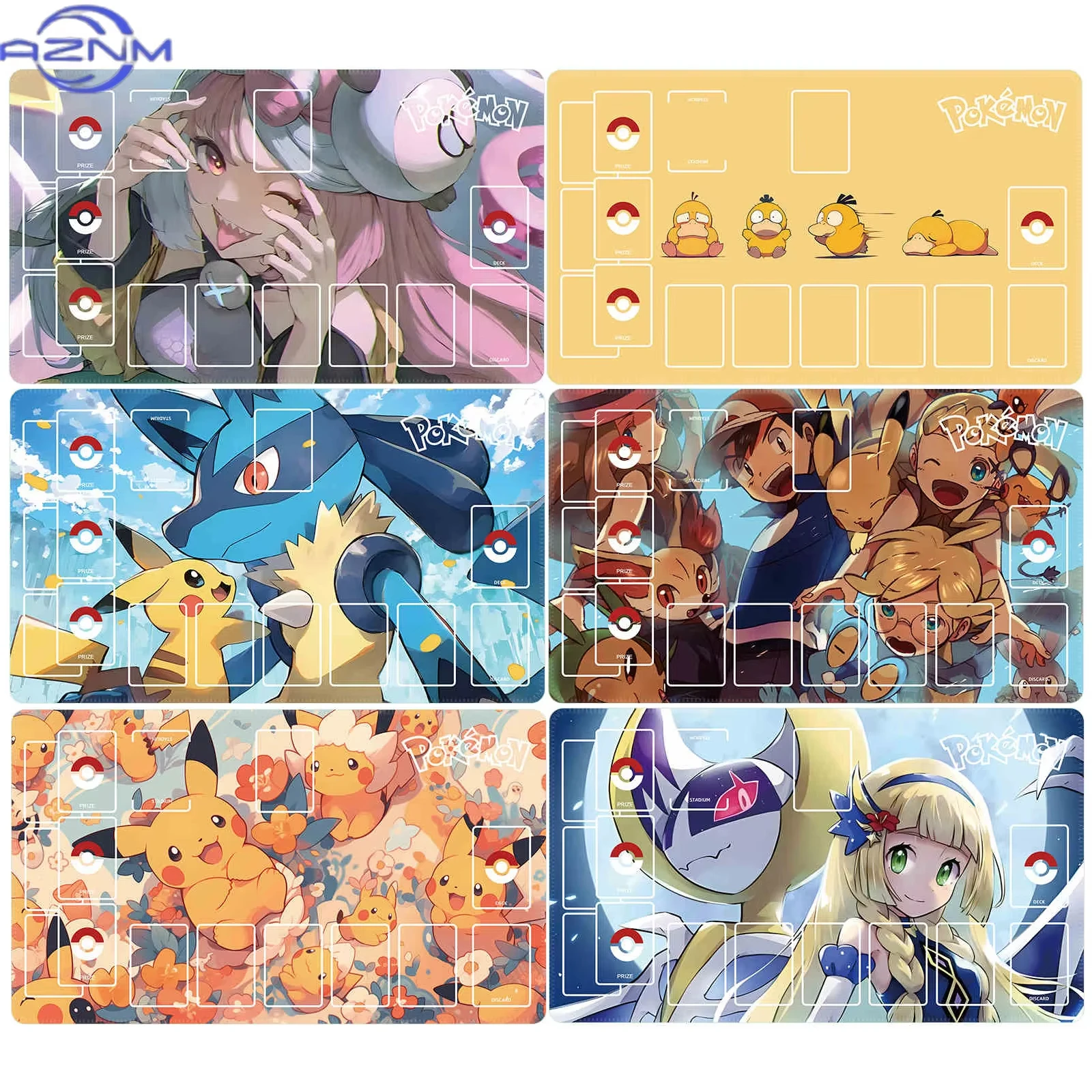 Pokemon Multi Character TCG Playmat Assorted Anime Trainer & Creature Art With Battle Zones Non Slip Rubber Card Mat