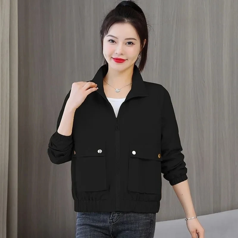 Spring Autumn Women Trench Coat New Solid Standing Neck Large Pocket Short Jacket Thin Inner Lined Windbreaker Female Outerwear