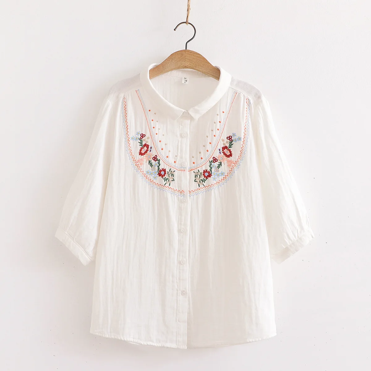 100% Cotton Yarn Blouses Women Summer Japan Fashion Boho Design 3/4 Sleeves Blue White Embroidery Shirts Top Female