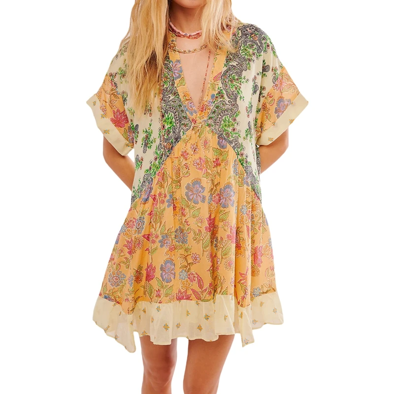 Dames Boho Mini-Jurk Y 2K Bloemen Met Diepe V-Hals Poff Mouw Korte Jurken 2024 Zomer Causale Strandvakantie Zomerjurk