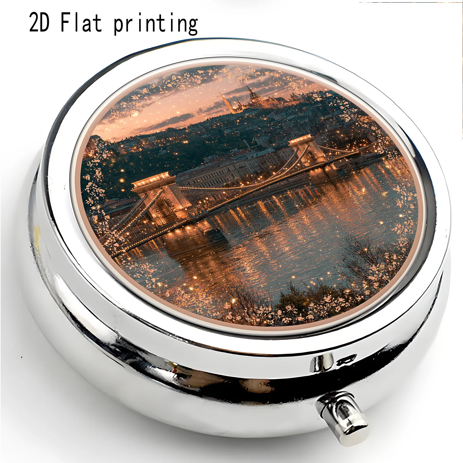 A round metal box with a flat-printed seaside sunset pattern, featuring a 3-compartment design, is a portable travel vitamin storage box that can be placed in a wallet or handbag. It is designed in a serene seaside natural style with a flat-effect design