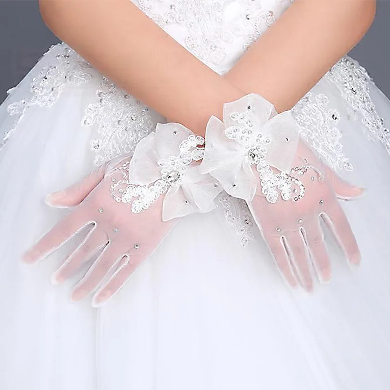 Guantes de encaje cortos con lazo de diamantes de imitación para novia, guantes de Boda sin dedos para novia