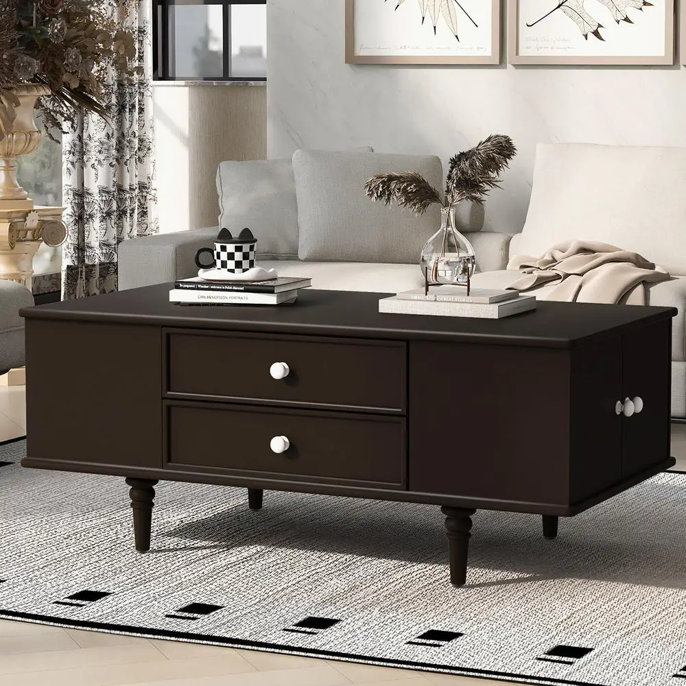

Modern Rectangle Coffee Table 47.2" Wood Storage Table with 4 Drawers Hidden Side Compartments Solid Wood Legs for Living Room