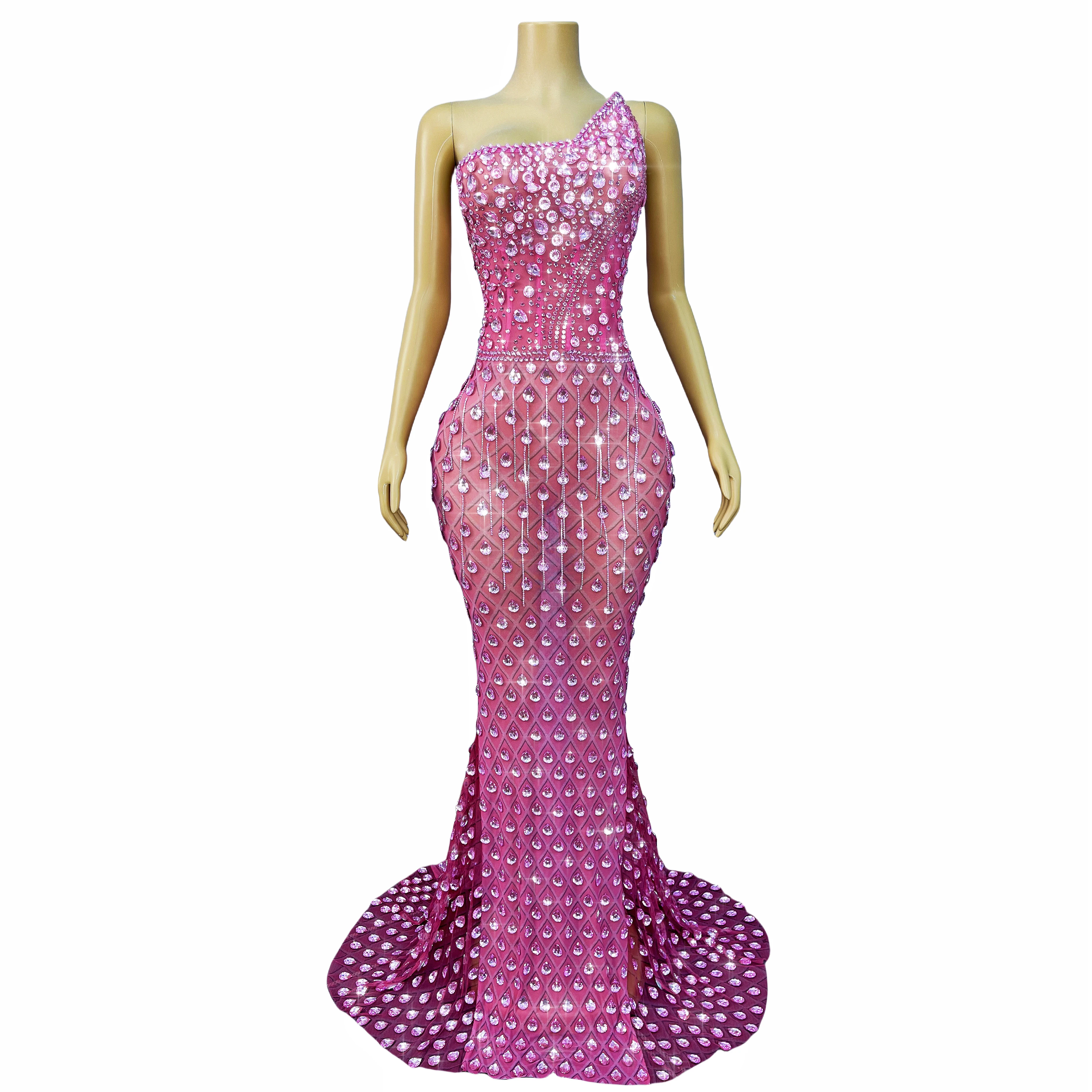 Hoge kwaliteit zware fonkelende kristallen franjes mesh jurk dames feestavond prom elegante jurk rode loper show outfit fenwushe