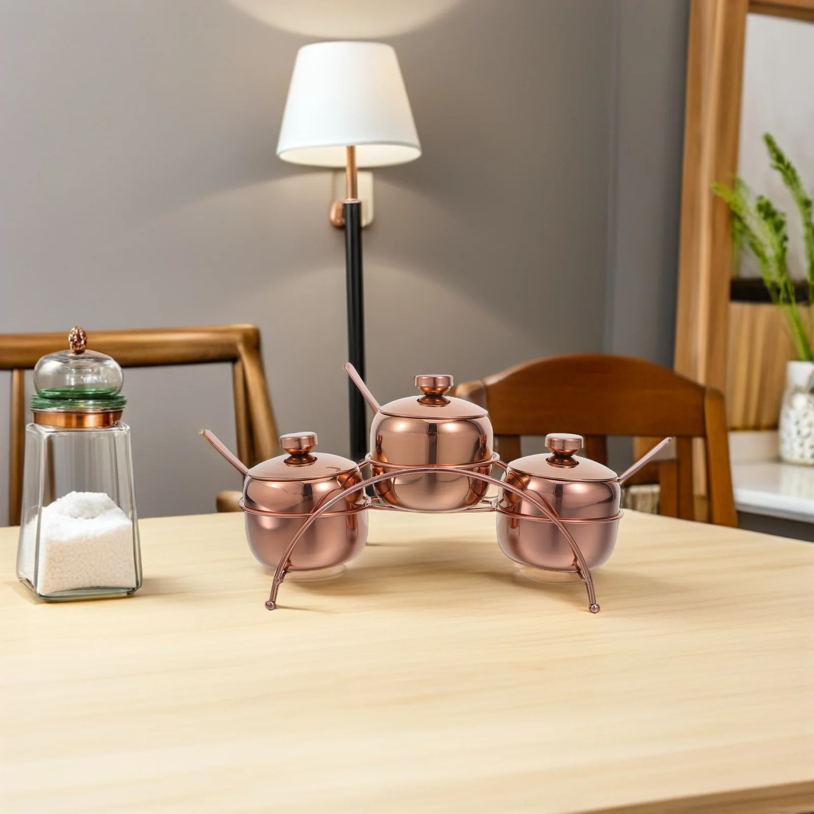 

1Set Stainless Steel Spice Set Round Seasoning Storage Jars Sugar Salt Pepper Bowls Lids Spoons on Metal Rack for Kitchen Party