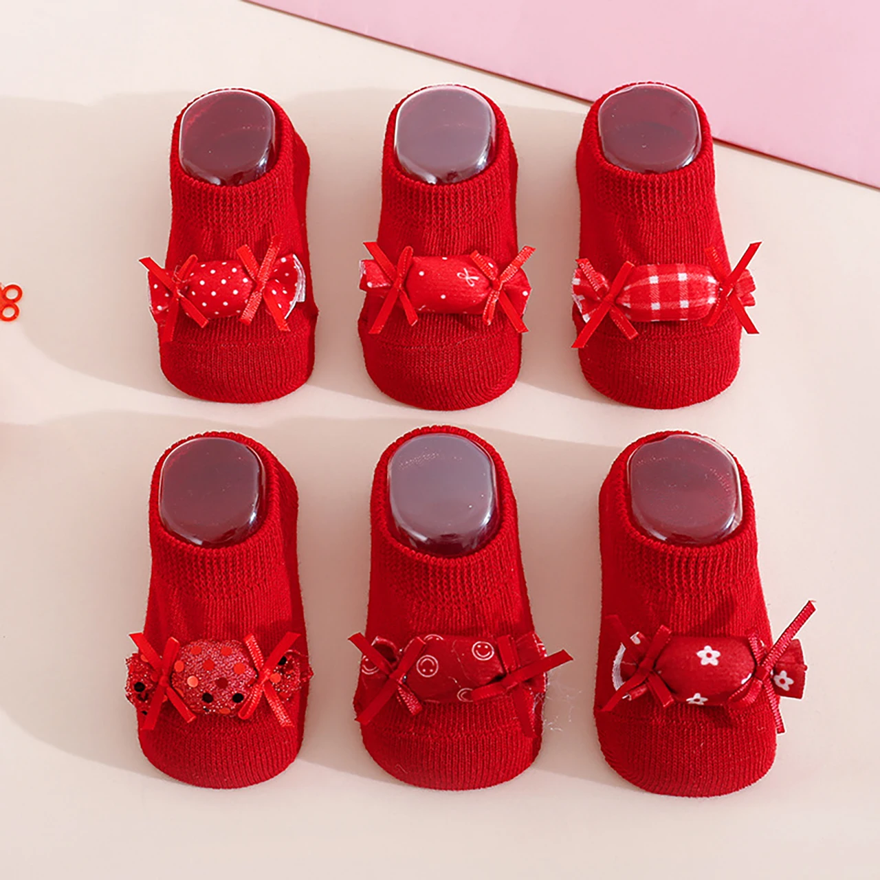 Baby Red New Year Socks Bow Toddler Boat Socks Solid Cotton Short Sock 0-3Year Kids Rubber Bottom Anti-slip Floor Sock Footwear