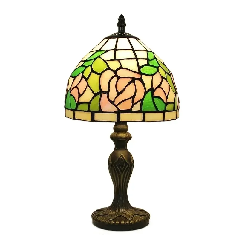 8inch Classical Stained Glass Pink Flower Lampshade Church Home Decor Bedroom Bedside Tiffany Art Table Lamp Desk Lamp