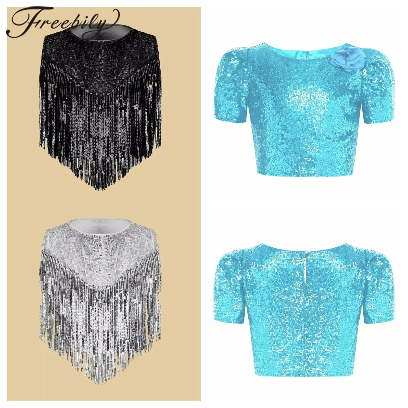 

Kids Girls Halloween Cosplay Cowgirl Costumes Metallic 60s 70s Disco Outfit Sequin Tassels Tank Vests Cape Rave Carnival Top
